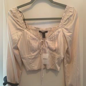 Beige Long Sleeve Satin Crop Top Blouse Tee Sz S